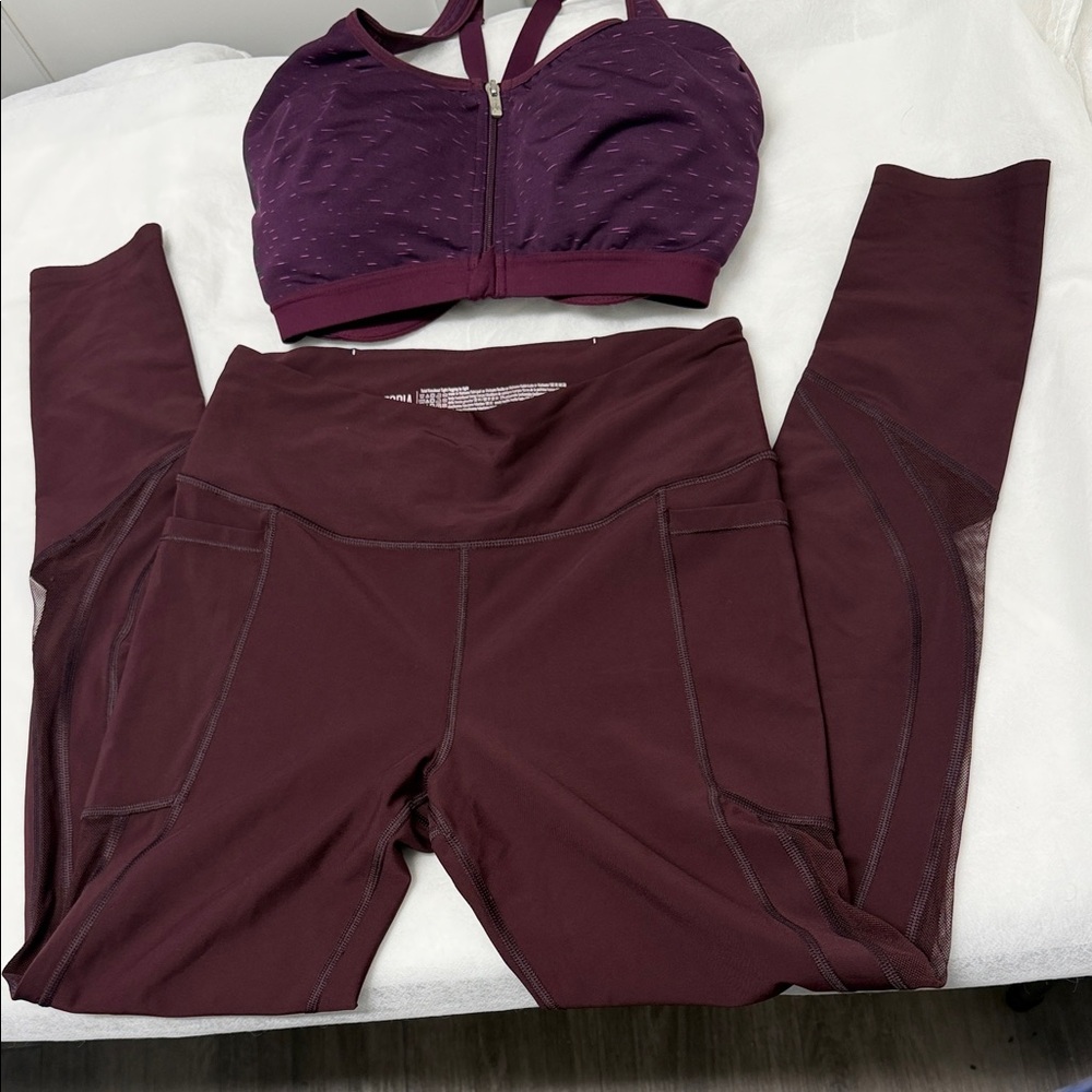 Victoria Sport Burgundy Active Leggings size medium and sport bra size 34DD